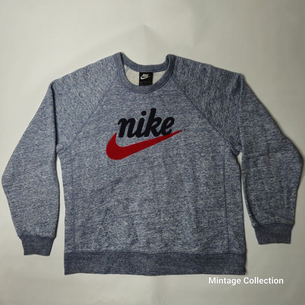 NIKE Heritage Pullover Crewneck Sweatshirt Blue Heather Retro Rug Print Size L